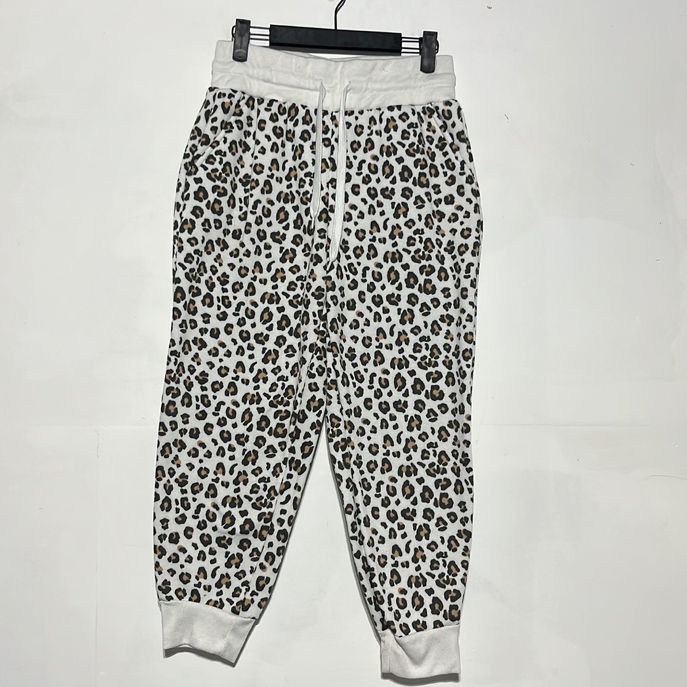 Love Streak White Leopard Print Fleece Ribbed Detail Jogger Pants Size Large